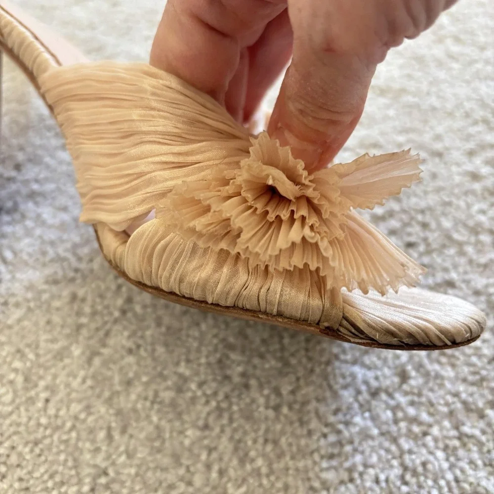 Loeffler Randall Camillia Crinkle Bow Slingback Heels Womens‎ 8.5 Gold Ivory
